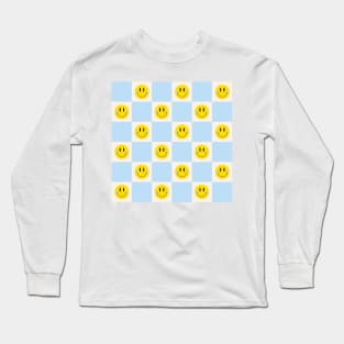 Smiley Pastel Checkered Pattern in Blue Long Sleeve T-Shirt